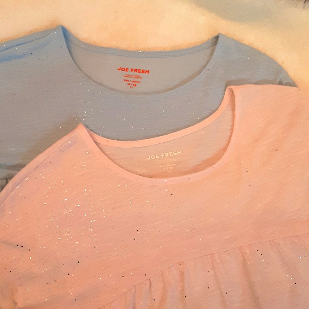 GIRLS: 2 sparkly long sleeve tops (pink and blue)